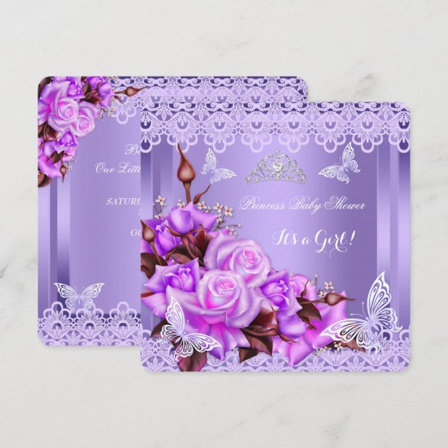 Baby Shower Girl Butterfly Purple Pink Roses 2 Invitation (Front/Back)