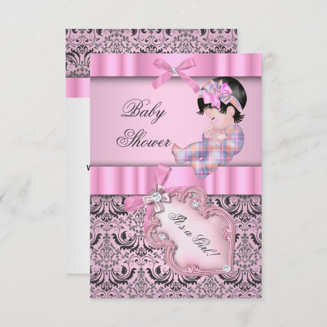 Baby Shower Girl Damask Pink Grey Invitation (Front/Back)