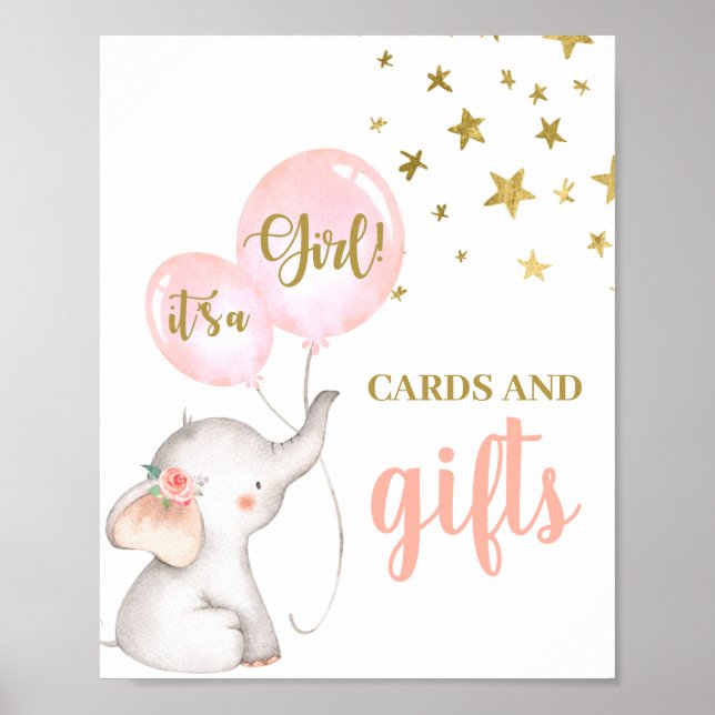 Baby Shower Girl Elephant Cards and Gifts sign (Front)