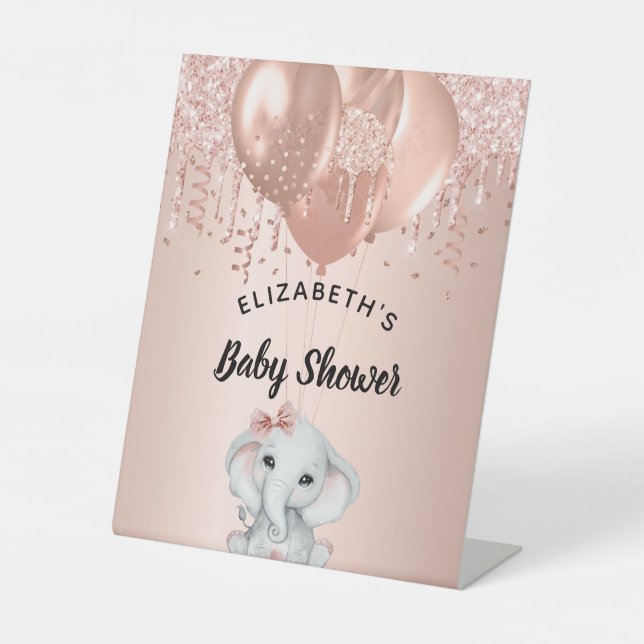 Baby Shower girl elephant rose gold balloons  Pedestal Sign (Front)