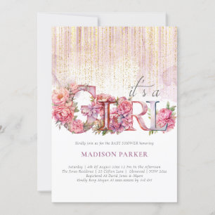 Baby Shower Girl Floral Pink Gold Glitter Invitation