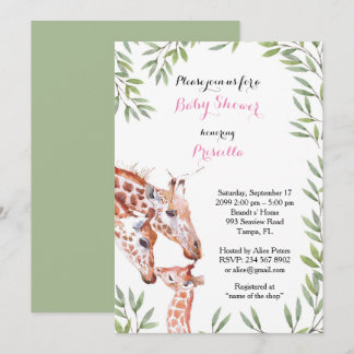 Baby Shower GIRL, giraffe, white, almond, leaves Invitation