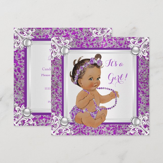 Baby Shower Girl Glitter Purple Silver Lace Brunet Invitation (Front/Back)