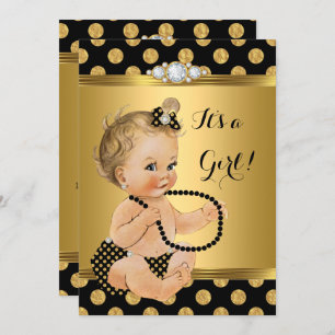 Baby Shower Girl Gold Foil Black Pearls Blonde Invitation