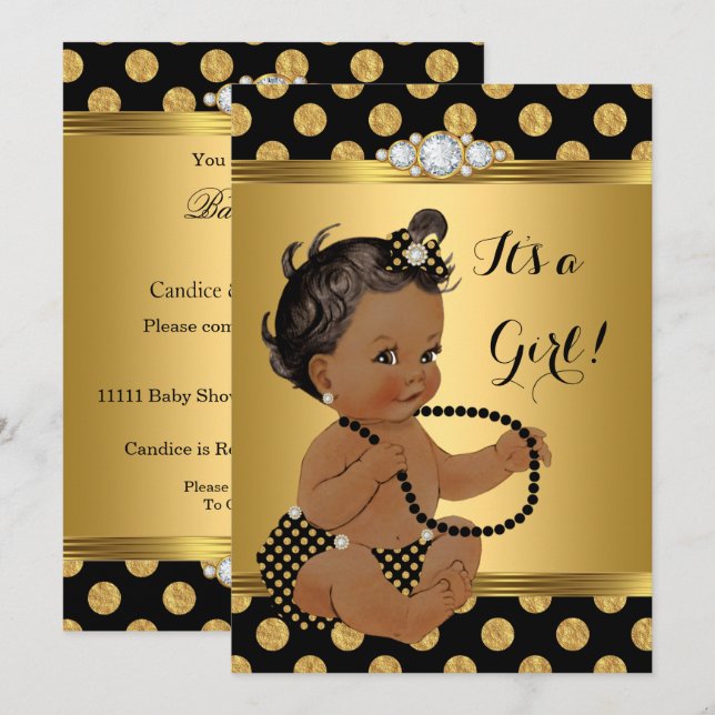 Baby Shower Girl Gold Foil Black Pearls Ethnic Invitation (Front/Back)