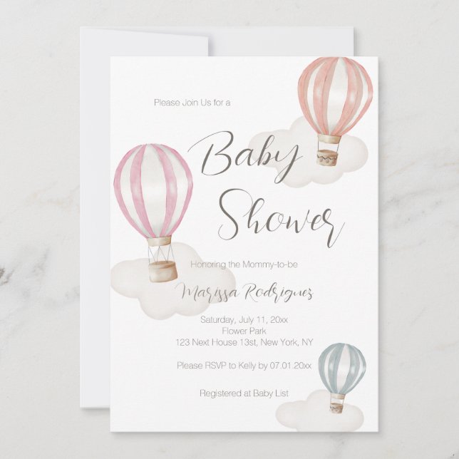 Baby Shower Girl Hot Air Balloons Pastel Colours Invitation (Front)