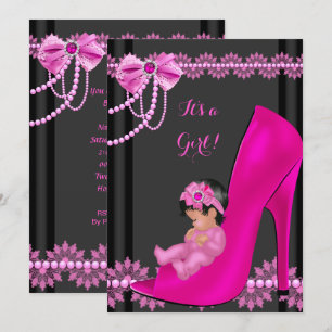 Baby Shower Girl Hot Pink Baby Shoe Lace 3 Invitation