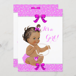 Baby Shower Girl Hot Pink Leopard Pearls Brunette Invitation
