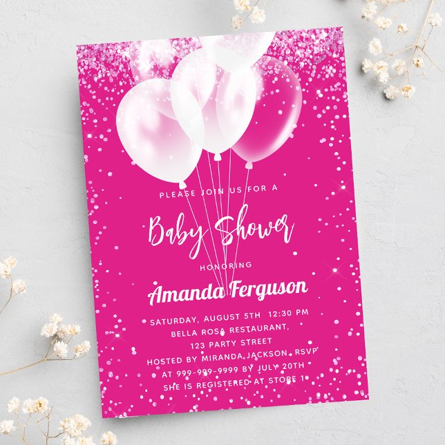 Baby Shower girl hot pink white balloons Invitation Postcard (Creator Uploaded)