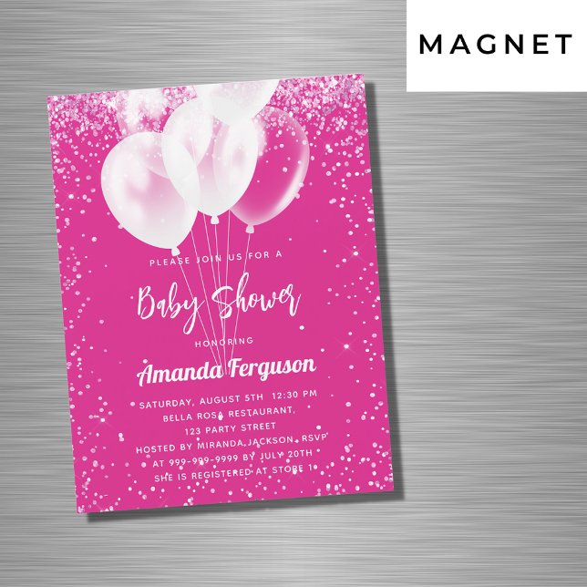Baby Shower girl hot pink white balloons luxury Magnetic Invitation (Creator Uploaded)