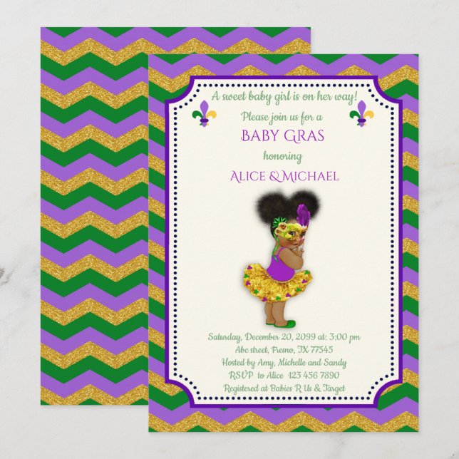 Baby Shower Girl, Mardi Gras Girl, gold, chevron Invitation (Front/Back)