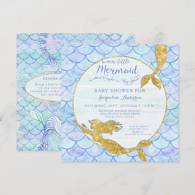 Baby Shower Girl Mermaid Watercolor Scales n Gold Invitation (Front/Back)