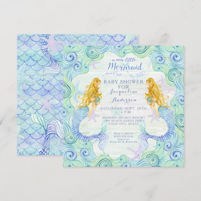 Baby Shower Girl Mermaid Watercolor Waves Wood Art Invitation (Front/Back)