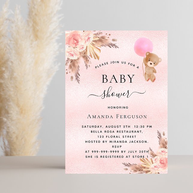 Baby shower girl pampas grass teddy bear pink invitation (Creator Uploaded)