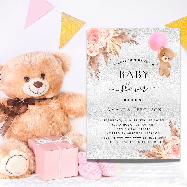 Baby shower girl pampas grass teddy silver luxury invitation (Creator Uploaded)