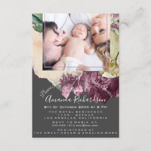 Baby Shower Girl  Photo Grey Floral Frame Invitation