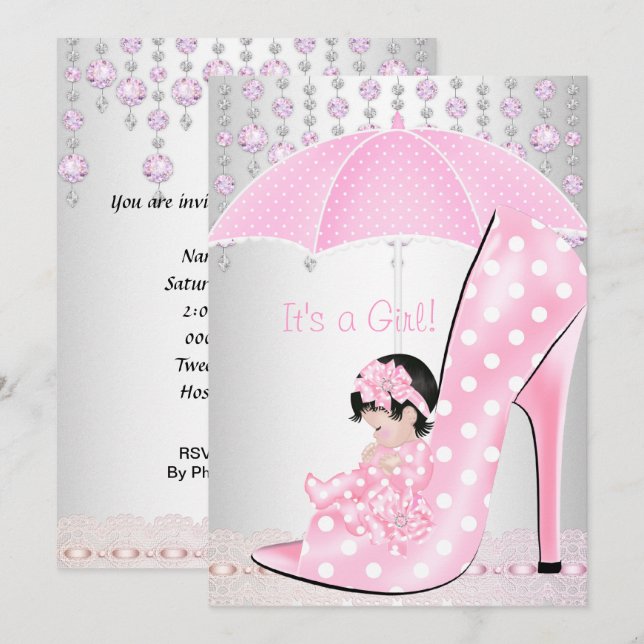 Baby Shower Girl Pink Baby Shoe Diamond 2 Invitation (Front/Back)