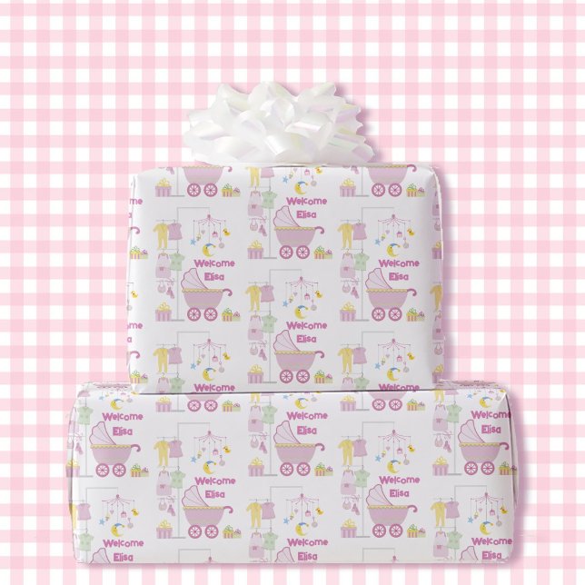 Baby Shower Girl Pink Bassinet Add Name & Text Wrapping Paper (Creator Uploaded)