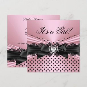 Baby Shower Girl Pink Black Lace Polka Dots Invitation