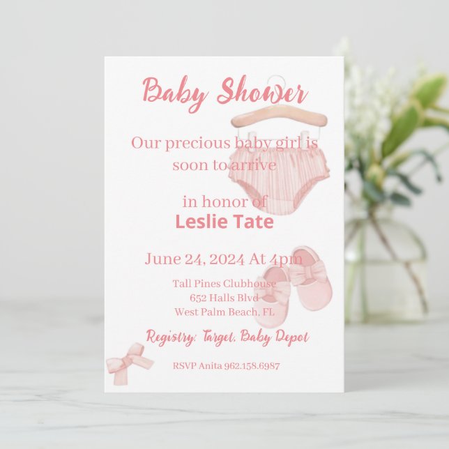 Baby Shower Girl Pink Clothes Shoes Invitation (Standing Front)