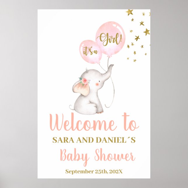 Baby Shower Girl Pink Elephant Welcome Sign (Front)