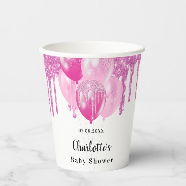 Baby Shower girl pink glitter balloons white Paper Cups (Front)