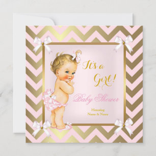 Baby Shower Girl Pink Gold Chevron Blonde Invitation