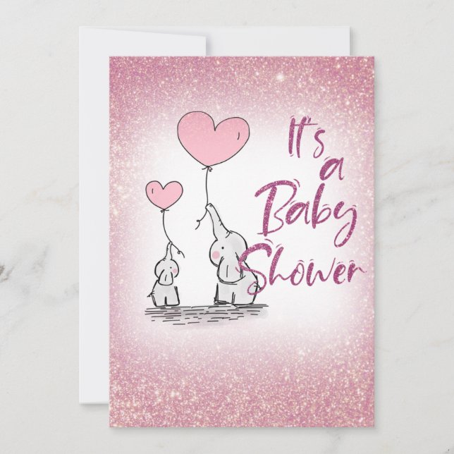 Baby Shower Girl Pink Gradient Glitter Elephants Invitation (Front)