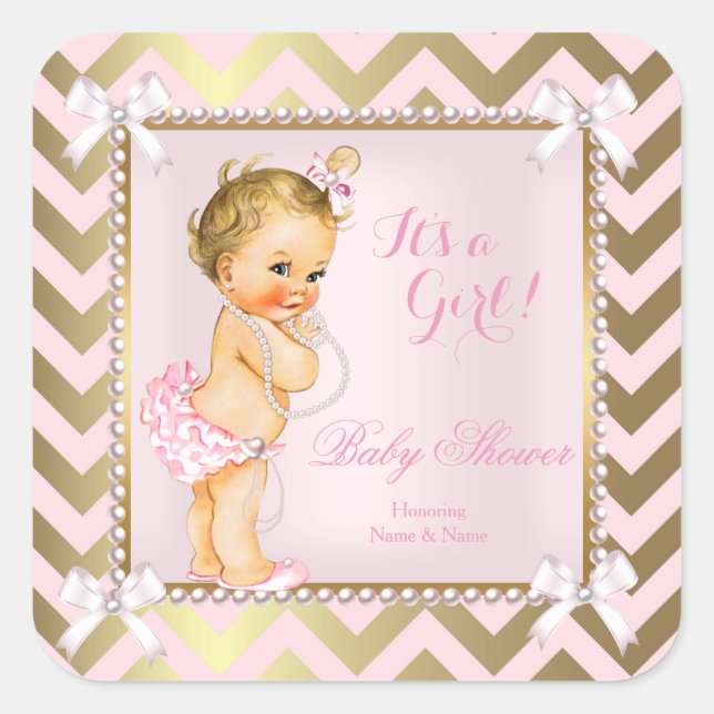 Baby Shower Girl Pink Pearl Gold Chevron Blonde Square Sticker (Front)