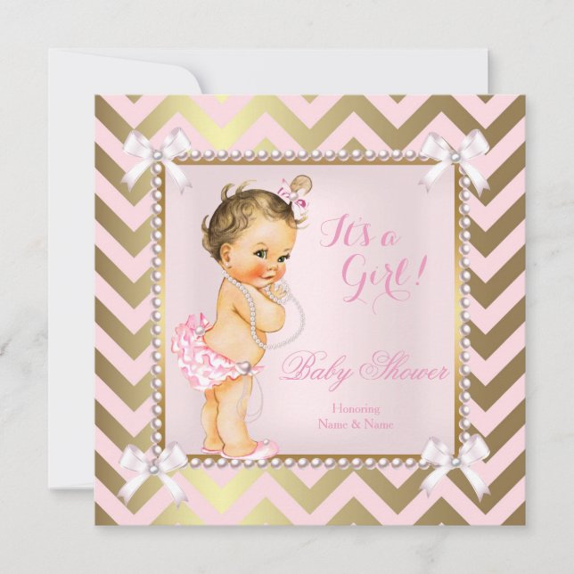 Baby Shower Girl Pink Pearl Gold Chevron Brunette Invitation (Front)