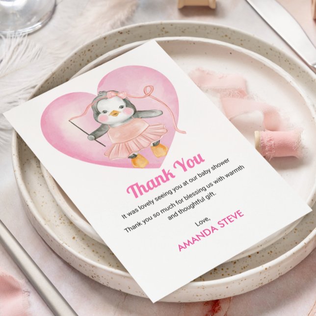 Baby Shower Girl Pink Penguin Thank You Card (Creator Uploaded)