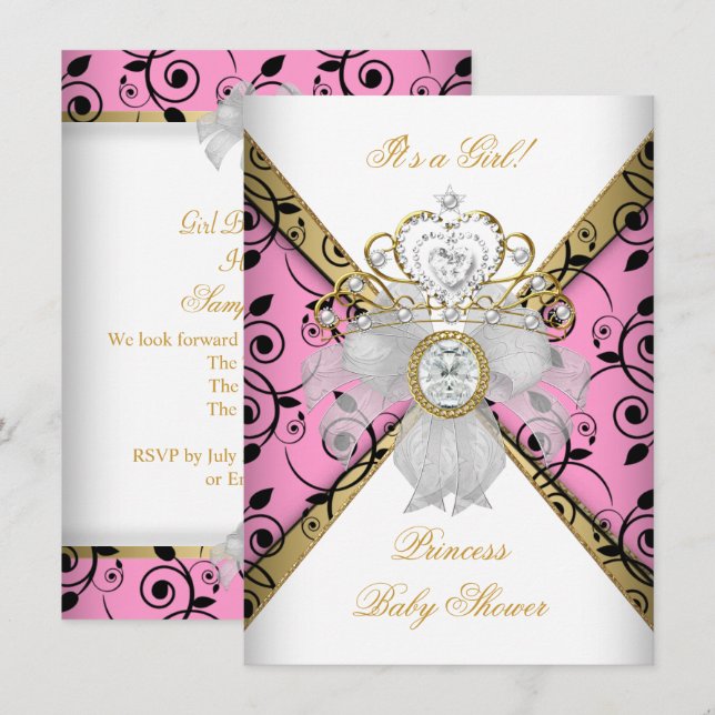 Baby Shower Girl Pink Princess Damask Black Invitation (Front/Back)