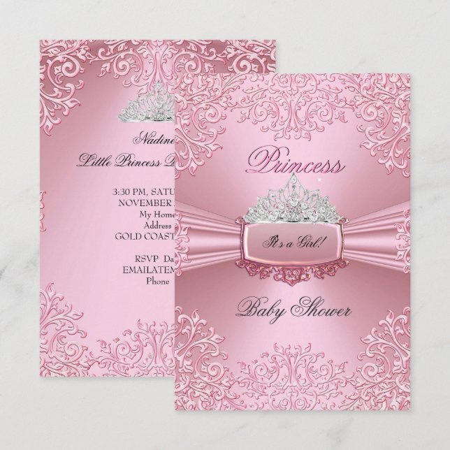 Baby Shower Girl Pink Princess Tiara lace SML Invitation (Front/Back)