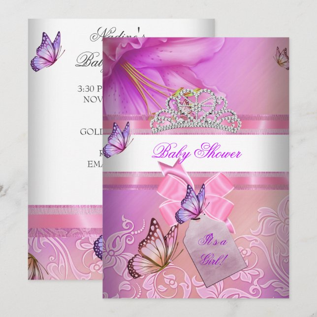 Baby Shower Girl Pink Purple Princess Butterfly 2 Invitation (Front/Back)