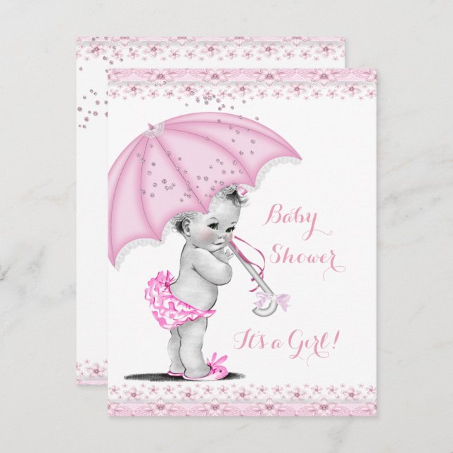 Baby Shower Girl Pink Sprinkle Umbrella Invitation (Front/Back)