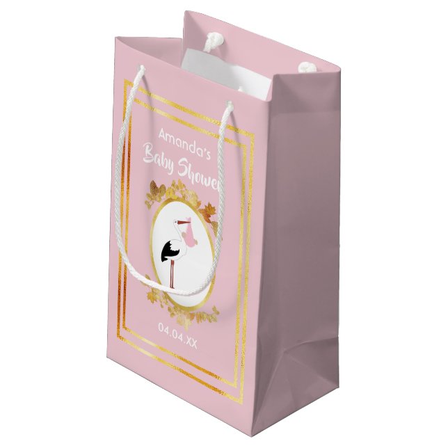 Baby shower girl pink stork name small gift bag (Back Angled)