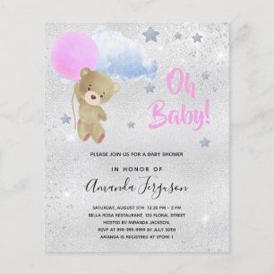 Baby shower girl pink teddy bear silver invitation