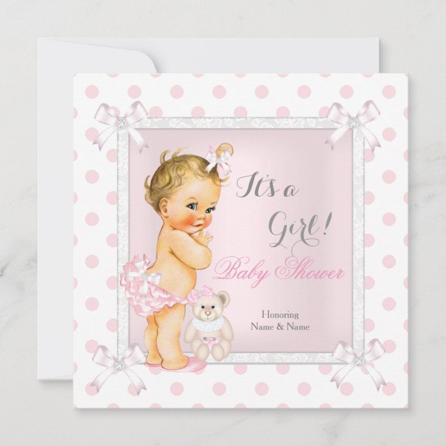 Baby Shower Girl Pink Toy Polka Dot Blonde Invitation (Front)