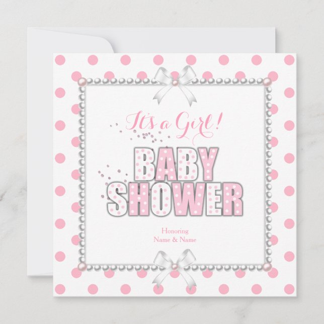 Baby Shower Girl Pink White Polka Dots Pearls Invitation (Front)