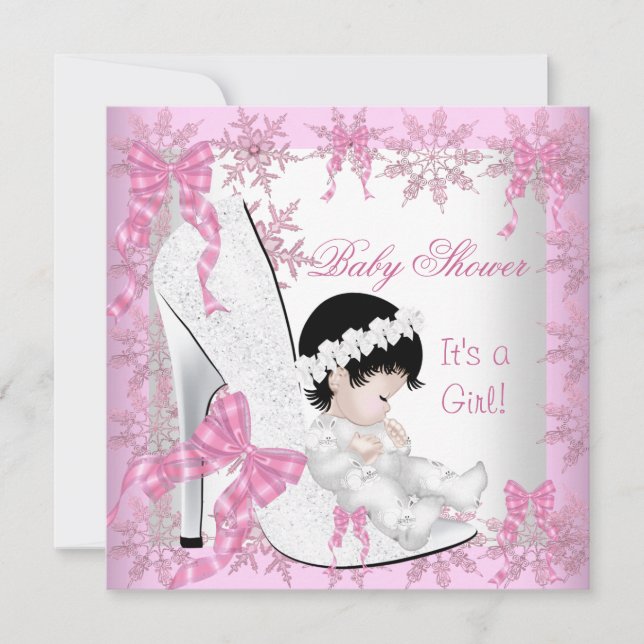Baby Shower Girl Pretty Pink Snowflakes Shoe Invitation (Front)