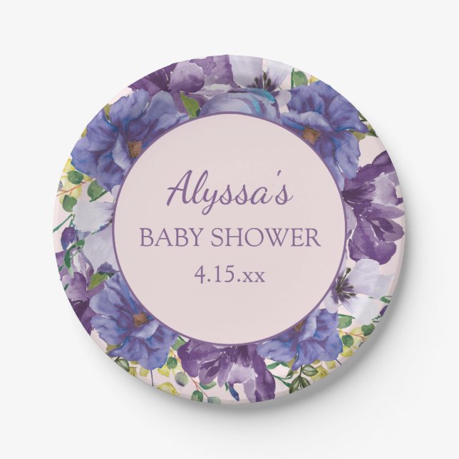 Baby Shower Girl Purple Pink Yellow Floral Paper Plate (Front)