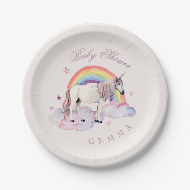 Baby Shower Girl Rainbow Balloons Unicorn Pink Paper Plate (Front)