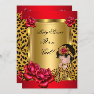 Baby Shower Girl Red Gold Roses Leopard Custom Invitation