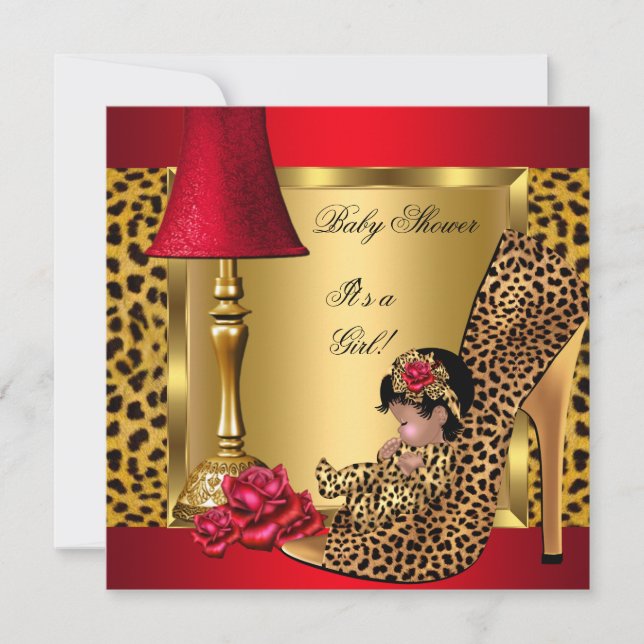 Baby Shower Girl Red Gold Roses Leopard Shoe AA Invitation (Front)