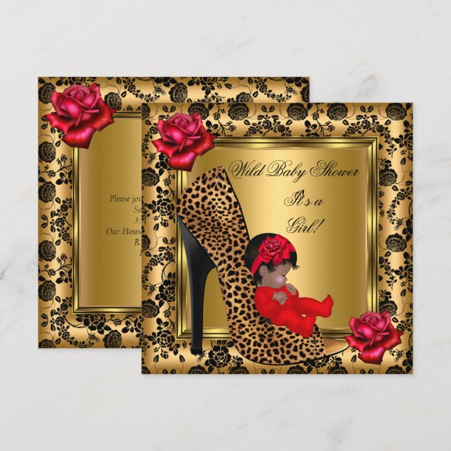 Baby Shower Girl Red Roses Gold Wild Leopard 4 Invitation (Front/Back)