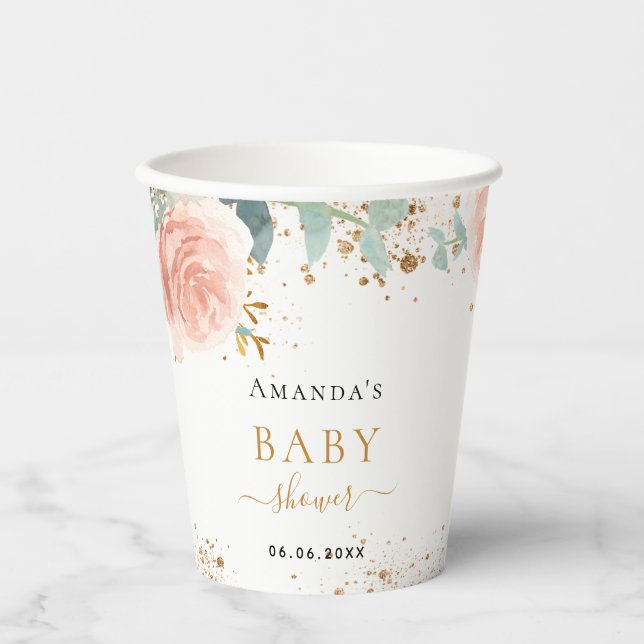 Baby Shower girl rose gold pink floral eucalyptus Paper Cups (Front)
