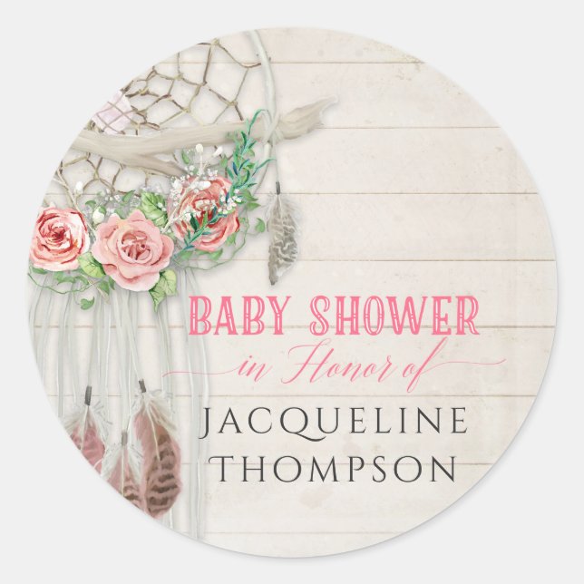 Baby Shower Girl Roses BOHO Bohemian Dream Catcher Classic Round Sticker (Front)