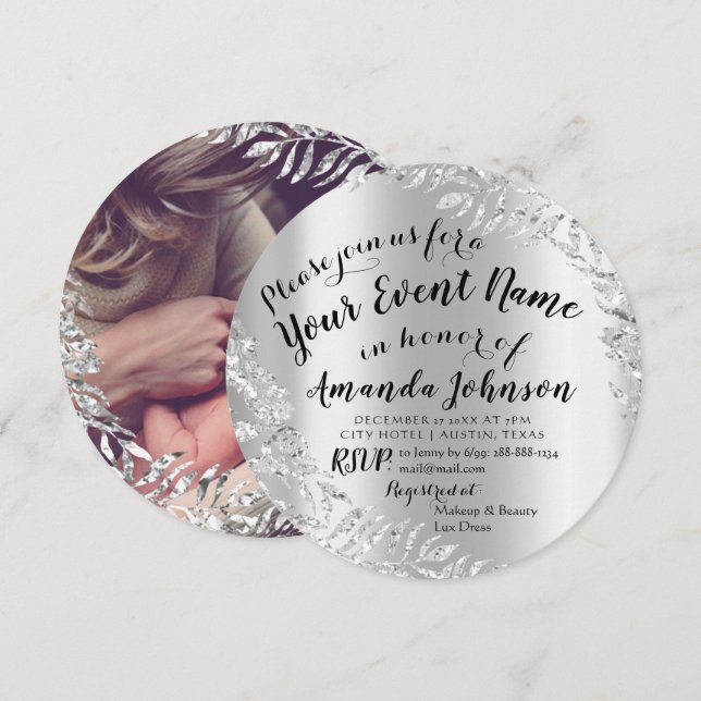 Baby Shower Girl Silver Grey Royal Photo Boy New Invitation (Front/Back)