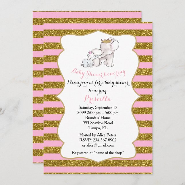 Baby Shower GIRL, strip,pink,glitter,elephants Invitation (Front/Back)