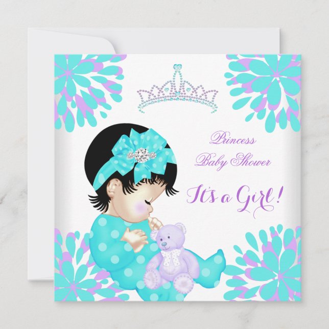 Baby Shower Girl Sweet Baby Teal Purple Bear Invitation (Front)
